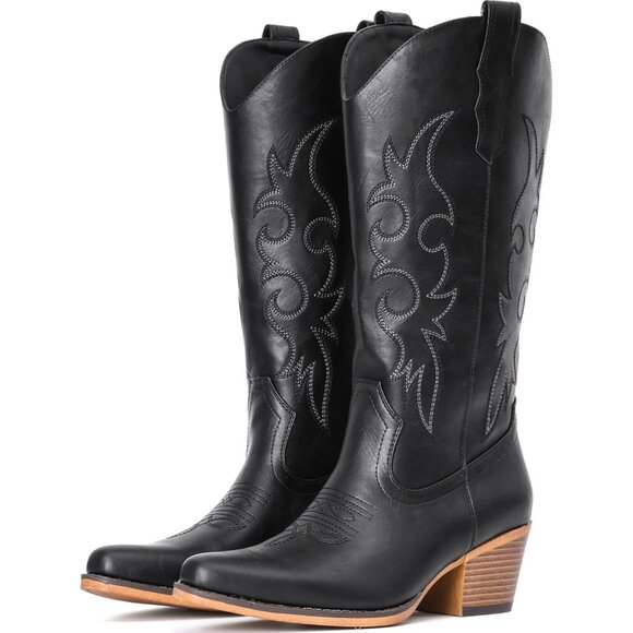 Women\'s Black Western Cowgirl Boots Mid Calf Snip Toe Boot With Chunky Heel